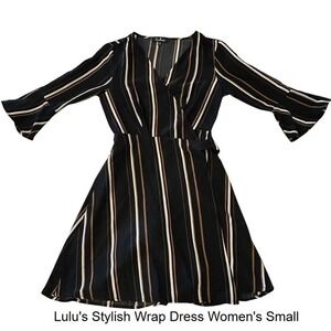 Lulus Striped‎ Wrap Midi Dress Bell Sleeve V Neck Black Tan White Small